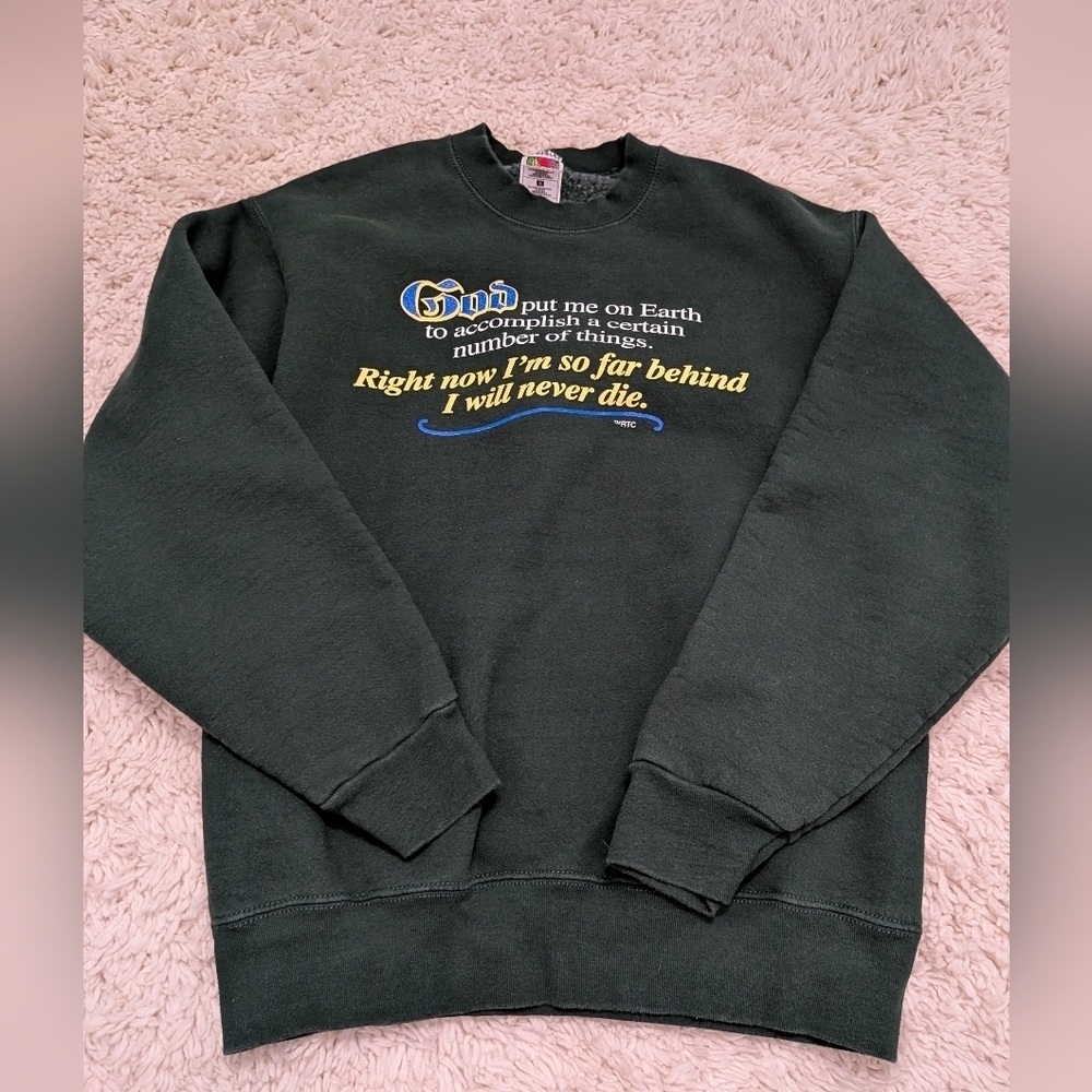 Fruit of the Loom Dark Green Vintage Religious Humor Graphic Crewneck Sweater